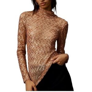 Pilcro Turtleneck Sequin Embellished Mesh Top